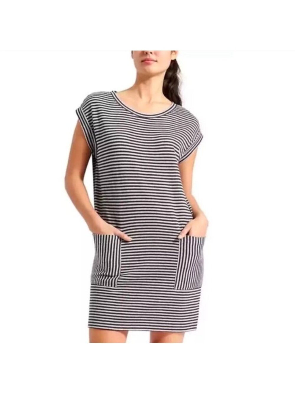 Athleta Ease Up Sweatshirt Dress Black White stripes sz XSP women pockets